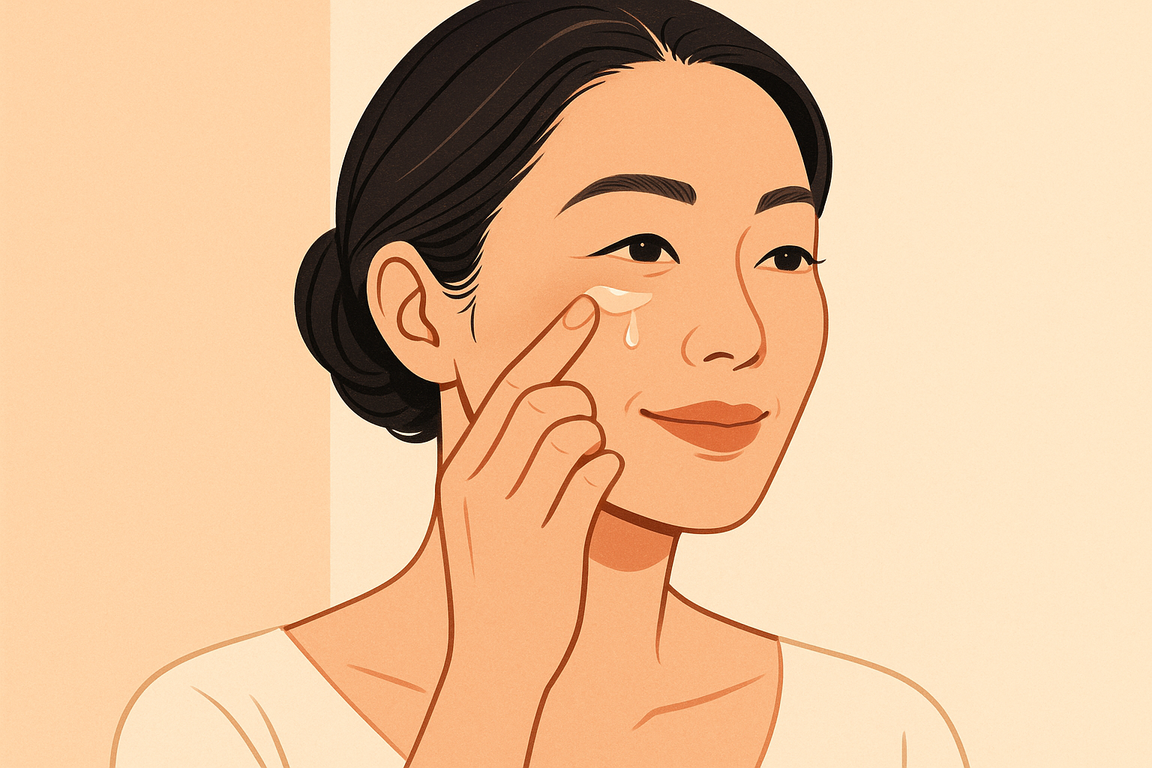 40代女性が目元に美容液を塗布している様子