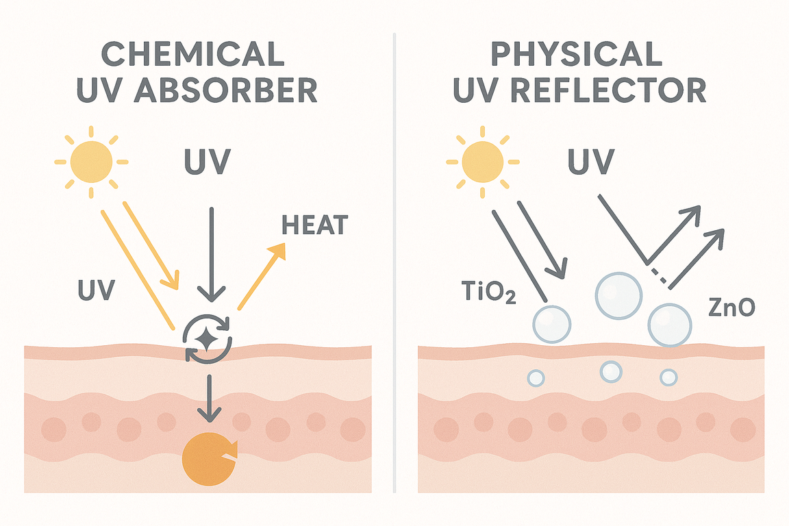 紫外線吸収剤と散乱剤の違いを示す図解